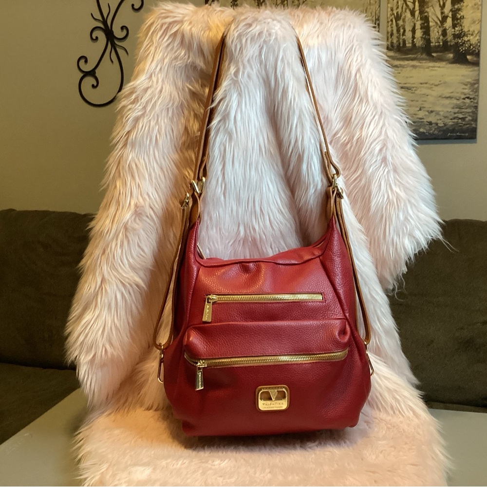 Valentina red pebbled leather Shoulder / backpack 2 way Bag EUC
